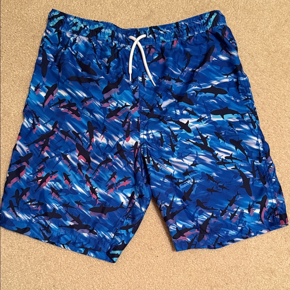 Lands' End Kids Blue Shark Pattern Swim Trunks